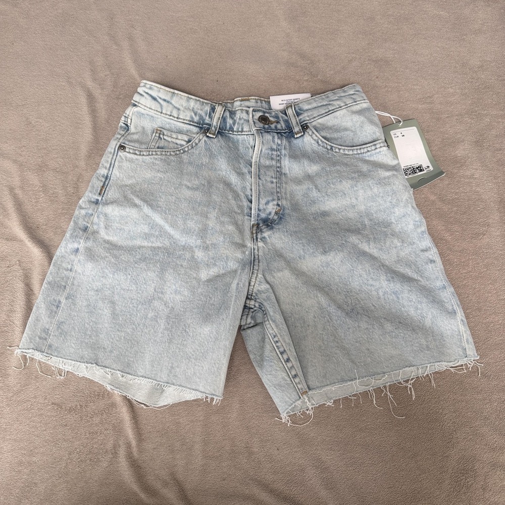 H&M 90s Cutoff Shorts Womens 6 Blue High Waist Slim Fit Raw Hem Denim Stretch